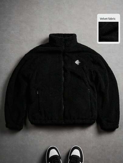 PAVTROS 加大码男士刺绣长袖拉链毛绒外套，Y2K风格，秋冬款