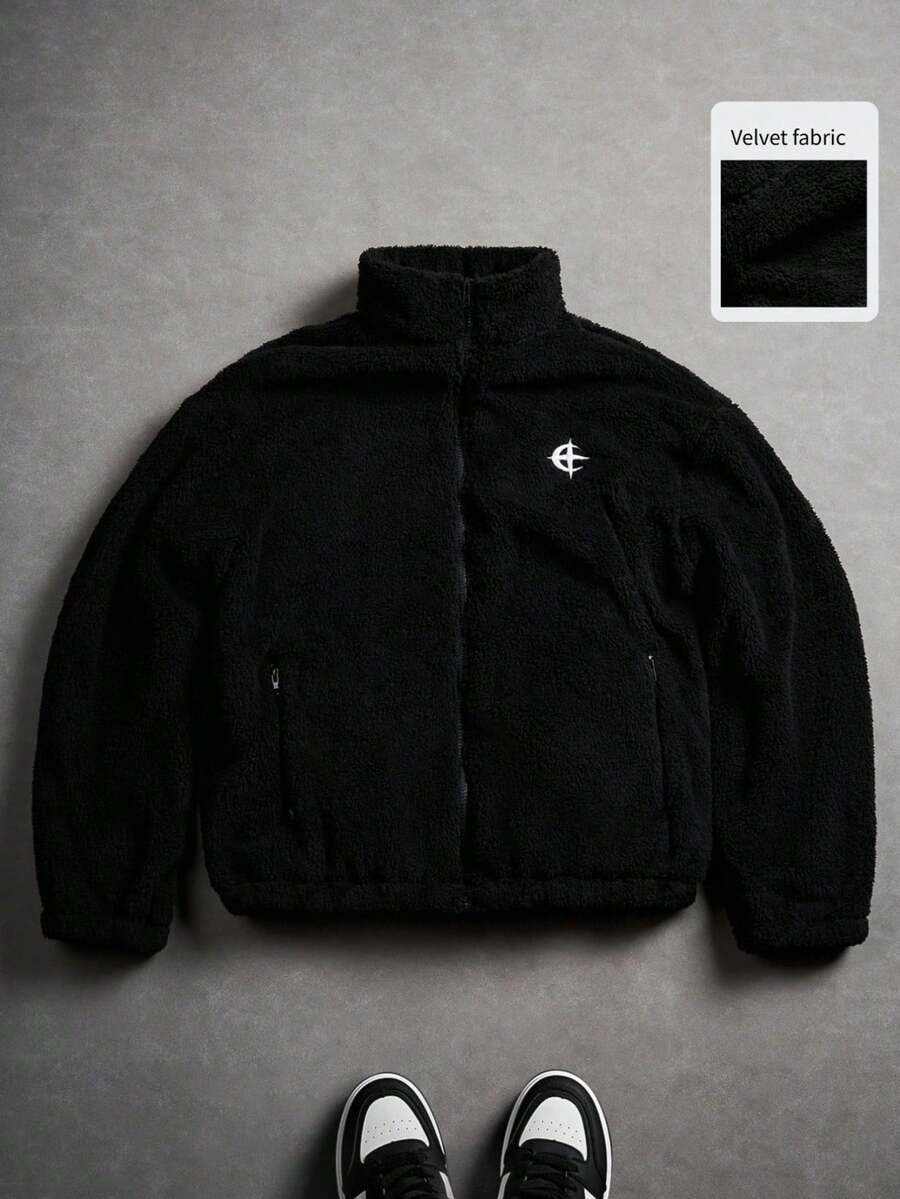 PAVTROS 加大码男士刺绣长袖拉链毛绒外套，Y2K风格，秋冬款