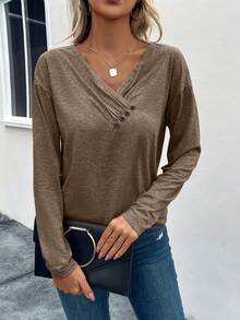 SHEIN LUNE Women's Casual Button Decor V-Neck Fitted Long Sleeve T-Shirt, Autumn - Khaki - View 5