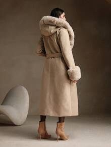 Anewsta Abrigo largo con cinturón y cuello de peluche oversize - Beis - Ver 2
