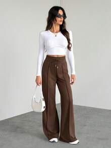 SHEIN Tall Women's Solid Color Drawstring Waist Wide Leg Loose Casual Sweatpants Graduation,Back To School,Graduation,Teacher For Women,Back To School - Brown - View 6