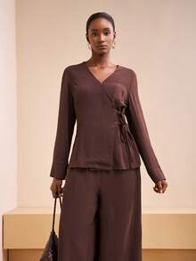 Zivah 2025 Early Autumn Winter New Style, Daily Dating, Commuting, Business, Lady Elegance, Beach, Cruise, Party, Simple, Popular, Birthday Party, Party High-End, Small Stand-Up Collar, Sleeveless, Umbrella Skirt, Maxi Skirt, Gold Silk Material Round Neck Long-Sleeved Top A-Line Skirt Military Green Women's Two Pieces Suit-A - Dark Green - View 5