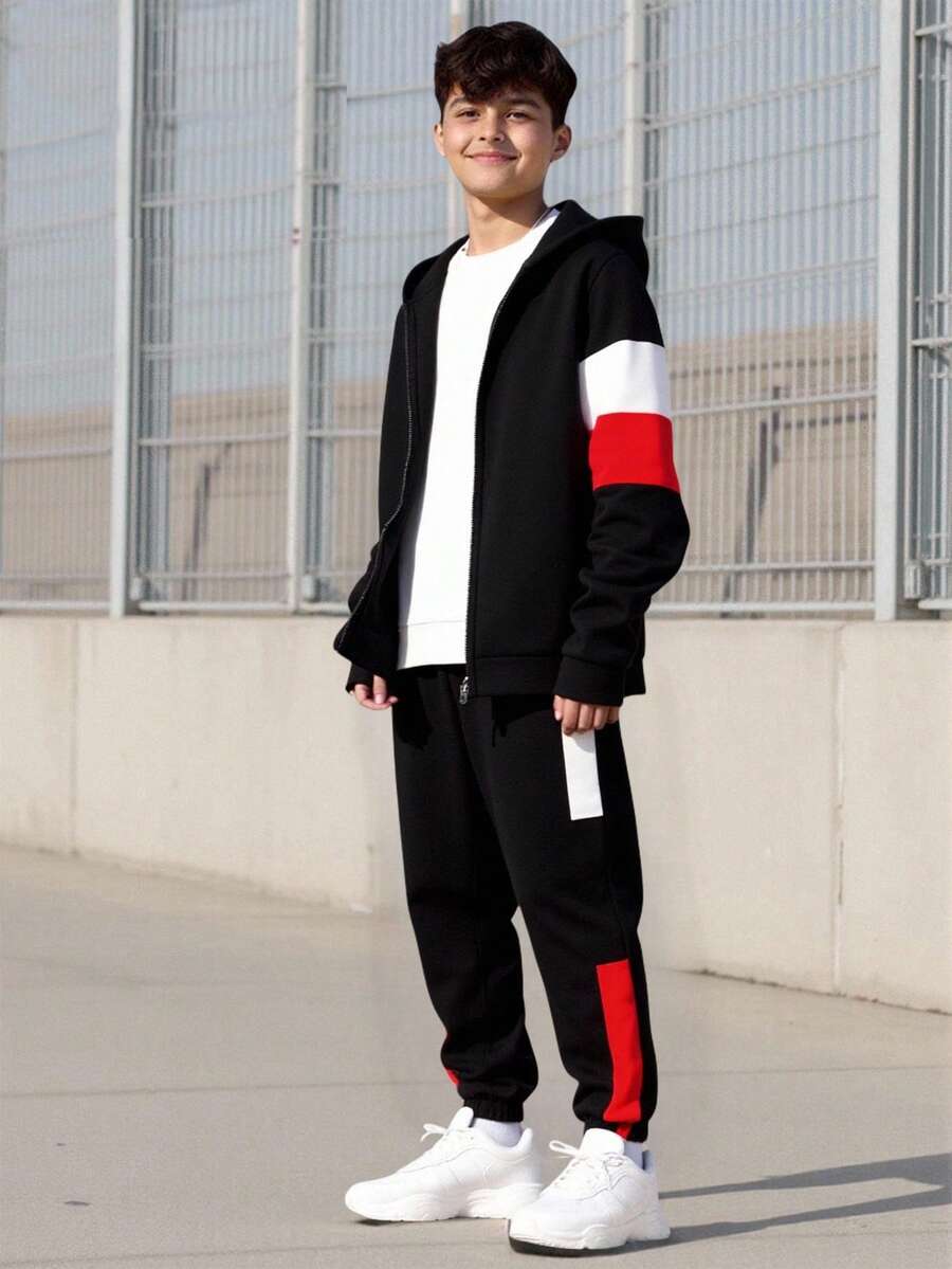 Vacaura 两件套大童撞色条纹字母印花连帽卫衣和抽绳裤运动休闲套装，春秋季 - 彩色 - 查看 1