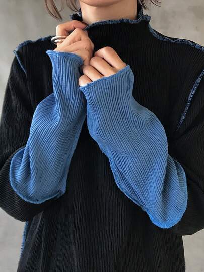 FRIFUL 女士撞色高领长袖连衣裙，罗纹面料，宽松休闲连衣裙，适合秋冬季节穿着。