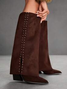 CUCCOO SZL Botas femininas de cano alto com bico fino e tachas - Ferrugem Marrom - Ver 8