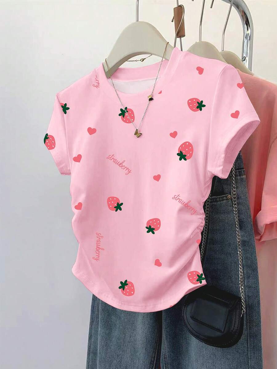 Resyla Women's Strawberry Print Ruched Waist T-Shirt, Fitted, Sweet & Fashionable, Suitable For Summer Outdoor & Holiday Wear - Pink - View 1