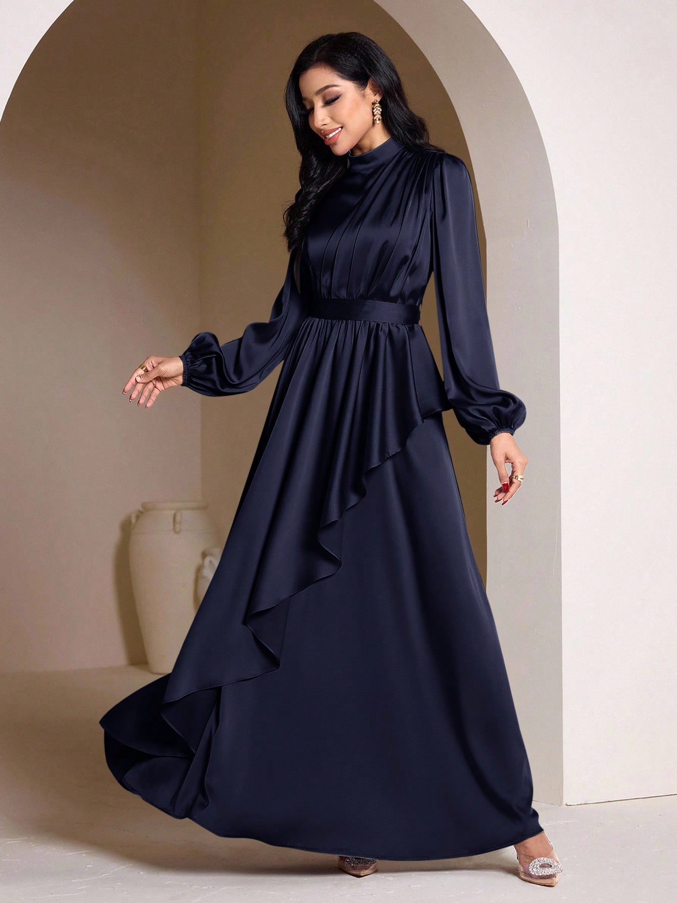 Veilorie فستان طويل أنيق للسيدات بأكمام فانوس وطول...