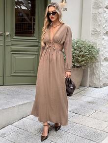 Serisse 女士优雅通勤蕾丝拼接系腰连衣裙 - 咖啡 - 查看 3