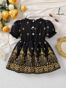 Baby Girl Unique Print Cute Puff Sleeve Dress - Black - View 2