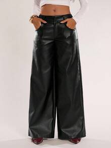 SHEIN BAE Quần ống rộng dáng rộng màu trơn có túi dành cho nữ - màu đen - Xem 4