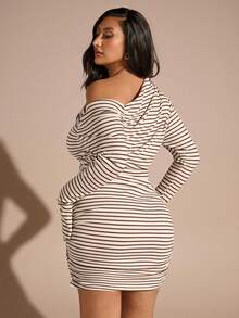 SHEIN BAE 大码女式不对称露肩长袖连衣裙，条纹连衣裙 - 棕色 - 查看 2