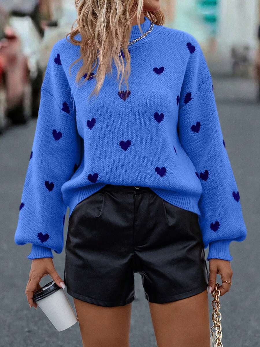 SHEIN LUNE Sweater Pullover Kasual Wanita Motif Hati, Musim Gugur/Dingin - Biru - View 1