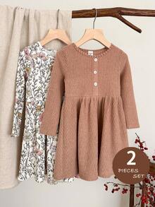 LMoss Kids LMoss 2pcs Young Girl Knitted Solid Color Round Neck Casual Dress Set, Suitable For Everyday Wear, Long Sleeve Dresses, Cozy Fall & Winter Styles, Fall - Multicolor - View 4