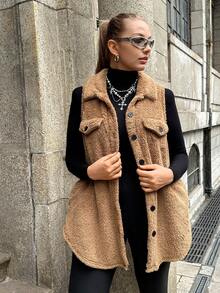 Muchica Plus Size Solid Color Fuzzy Front Button Sleeveless Jacket, Autumn/Winter - Khaki - View 3