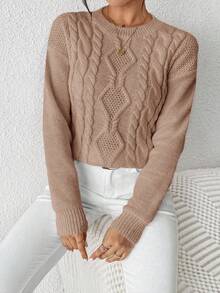 Aalyst Women's Casual Everyday Commute Simple Solid Color Dropped Shoulder Loose Cable Knit Pullover Sweater, Autumn/Winter - Apricot - View 4