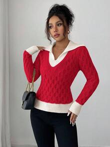 Elenzga Women's Autumn/Winter New V-Neck Patchwork 2 In 1 Fashionable Design Elegant Daily Commute Fitted Patterned Pullover Sweater - Red - View 4