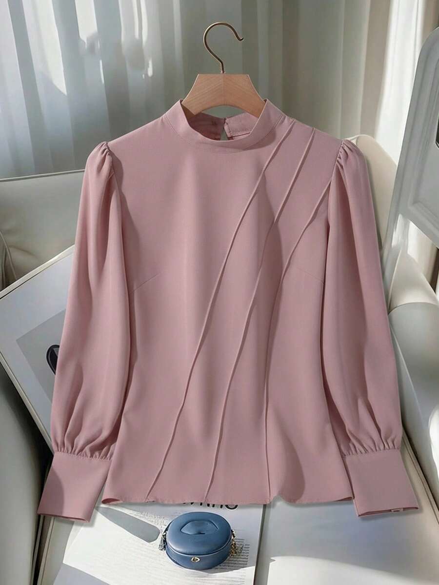 Franclia Women's Solid Color Stand Collar Puff Sleeve Elegant Blouse - Dusty Pink - View 1