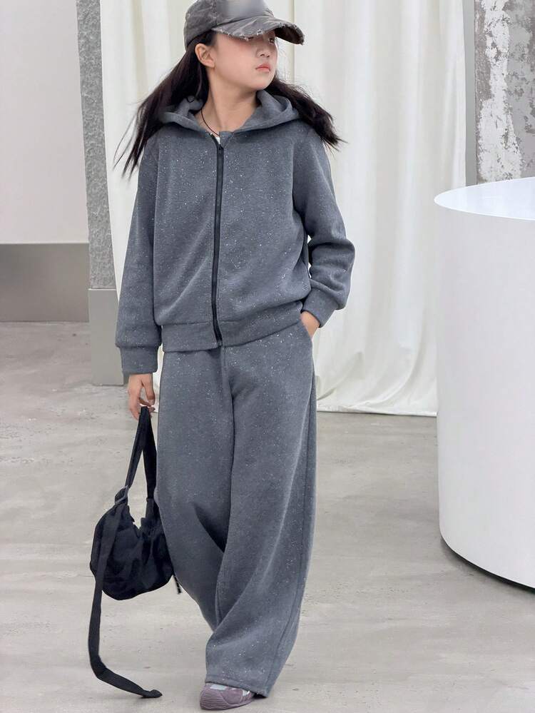 2pcs Tween Girls Knitted Fleece Hoodie Sweatshirt And Pants Set, Fall