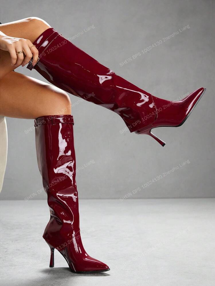 CUCCOO SZL Women's Pointed Toe Slim Heel Knee-High Boots With Side Zipper And Decorative Buckle, PU Material For Christmas