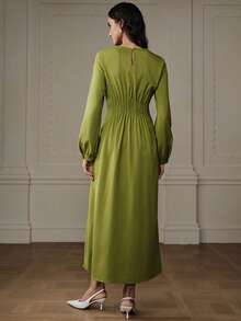Aveloria Robe à col rond plissée avec cordon de serrage à la taille, manches longues, design mode et polyvalent - Vert - Voir 2