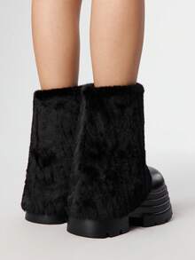 ROMWE Women's Thick Sole Furry Patchwork Mid-Calf Boots, Autumn/Winter For Christmas - Black - View 5