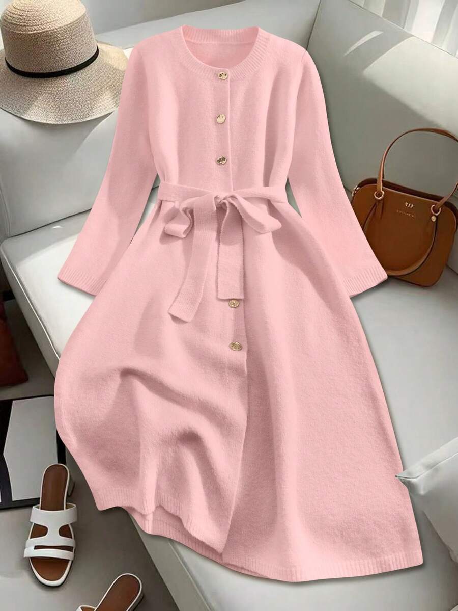 Franclia Váy len dệt kim dài cổ tròn cài nút có thắt lưng cho nữ - Hồng - Xem 1