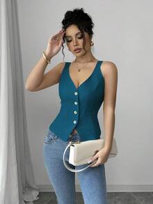 Elenzga Solid Color Front Button Fitted V-Neck Elegant Fashion Top - Blue - View 4