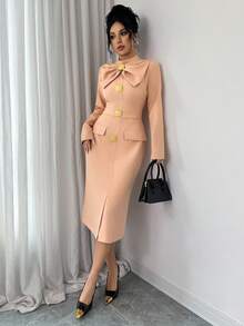 SHEIN Elenzya 女士立领蝴蝶结金属扣腰身设计长款复古简约优雅连衣裙，适合外出、办公、商务、日常穿着，秋冬季款。 - 卡其色 - 查看 4