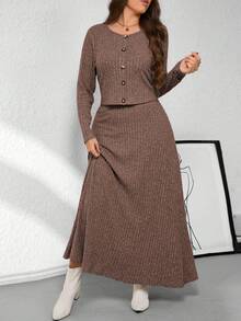 EMERY ROSE Women's Plus Size Ribbed Knit Open Front Round Neck Long Sleeve Cropped Top With Fitted A-Line Maxi Skirt 2 Pieces Set, Elegant Casual Outfit