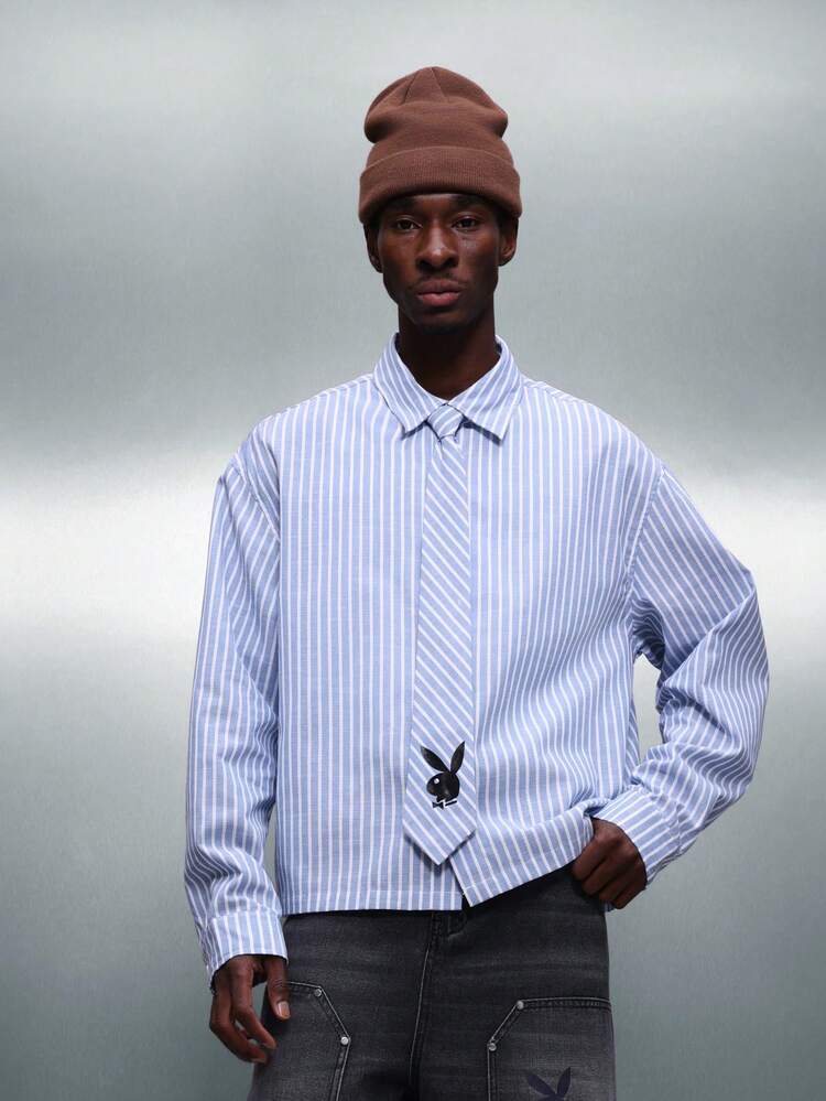 PLAYBOY X SUMWON Logo Striped Button Down Shirt Long Sleeve Collared Business Casual Cropped Fit Design