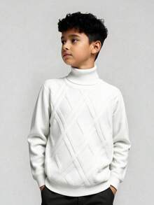 SHEIN 男童休闲日常百搭舒适高领长袖套头毛衣 - 白色 - 查看 7