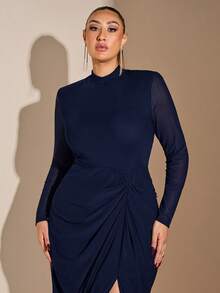 SHEIN BAE 大码女士优雅性感生日派对黑色网纱高领长袖垂褶高开衩修身长裙圣诞节服装场合礼服舞会礼服 - 藏蓝色 - 查看 7