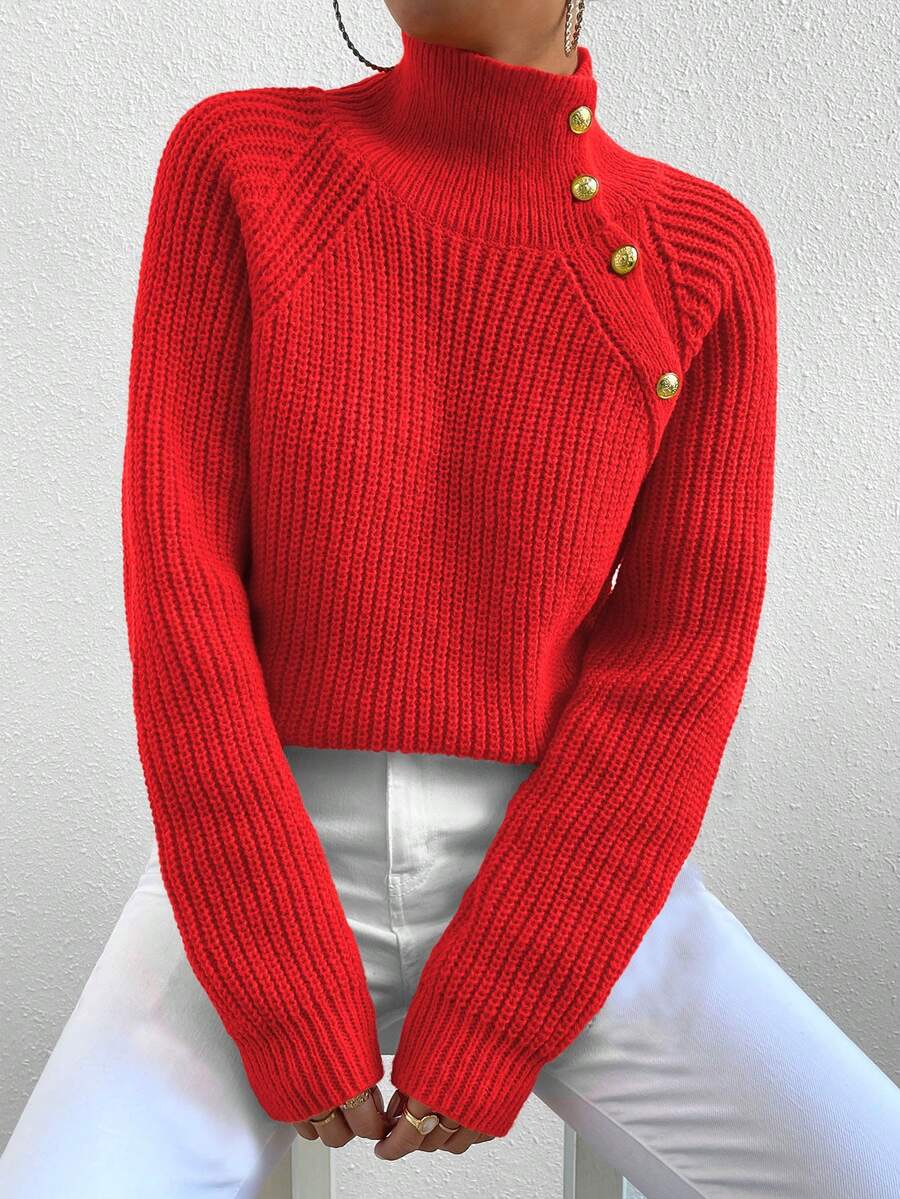Elenzga 纯色高领插肩袖宽松针织套头毛衣 - 紅色 - 查看 1