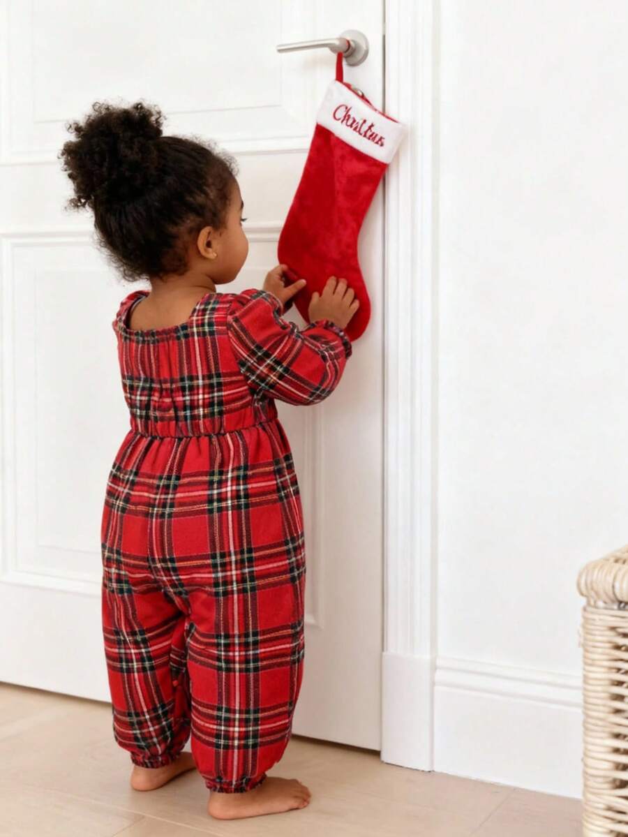 SHEIN 女婴休闲格子蝴蝶结装饰连体裤，秋季 - 酒紅色 - 查看 1