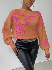 SHEIN LUNE 女士休闲线条图案圆领落肩毛衣，秋冬款 - 橘色 - 查看 4
