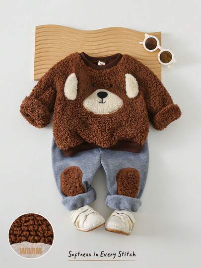 Cozy Pixies 2件套男婴卡通狗耳朵装饰保暖内衬撞色圆领卫衣和膝盖贴片松紧腰裤套装，秋冬季婴儿套装，秋冬季服装，小熊棕色幼儿套装，幼儿两件套冬季毛绒服装，婴儿休闲套装