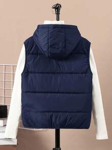 SHEIN Tween Boy Casual Hooded Padded Cotton Thick Woven Vest - Navy Blue - View 2