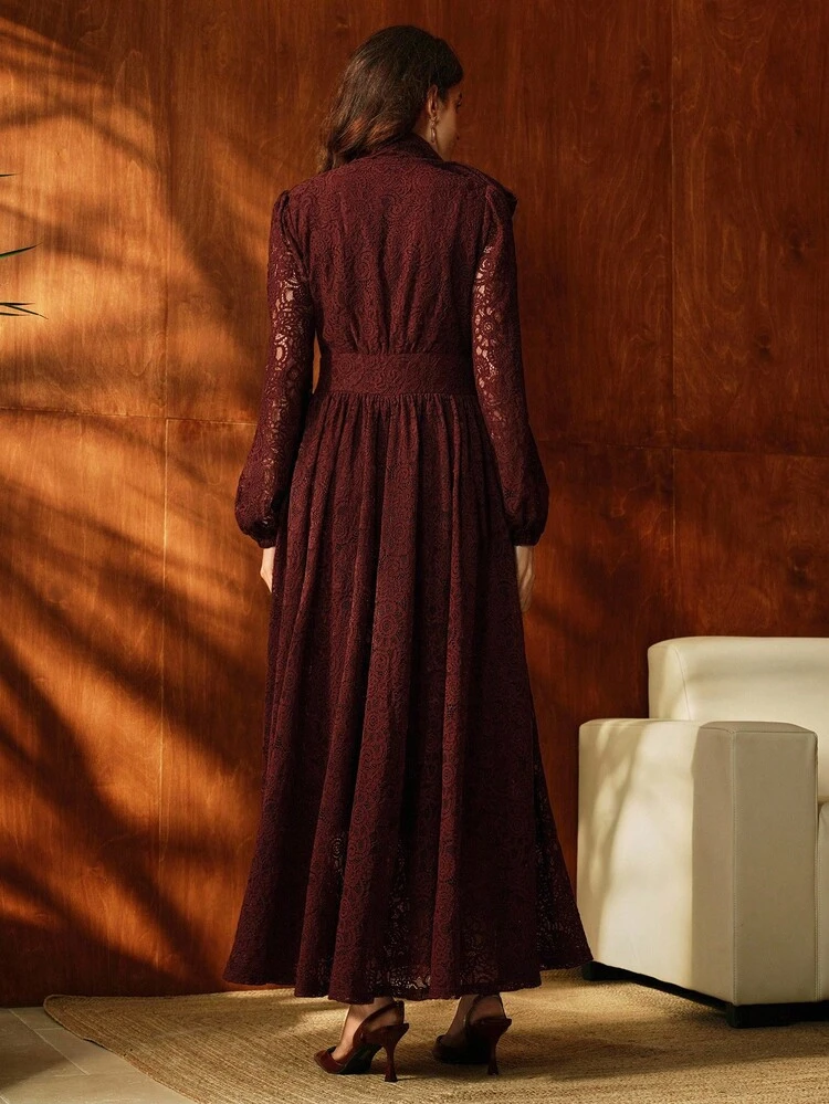 Elegant Long Sleeve A-Line Maxi Knit Lace Dress, Wine Red, Suitable For Christmas, Valentine's Day, Autumn/Winter