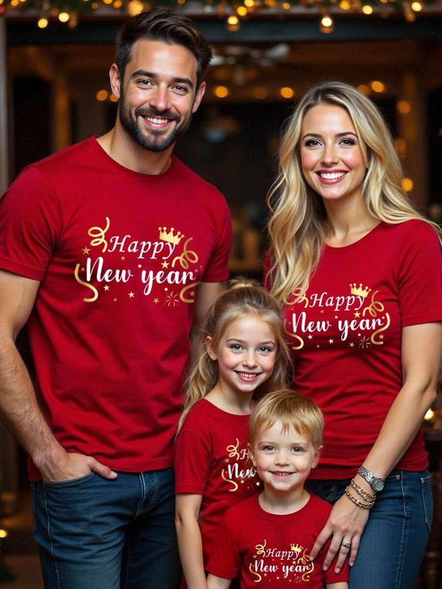 SHEIN EZwear 休闲简约假日派对庆祝新年特别版,新年除夕派对,新年“2026新年快乐”仿箔印花宽松圆领短袖女式T恤,适合夏季新年派对和圣诞节穿着。 - 紅色 - 查看 1