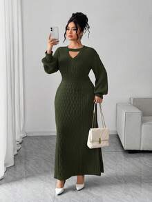 Elenzga Plus Size Elegant Delicate Hollow V-Neck Sweater Dress
