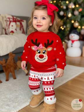مجموعة بلوزة وبنطلون طويل بأكمام طاقم رقبة للأطفال الرضع، بنمط رنة كرتونية جميلة وعيد الميلاد الأحمر الاحتفالي، قماش ناعم وسميك مناسب للخريف والشتاء وعيد الميلاد