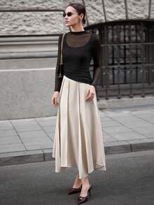 Ontre 女士酒红色和紫色缎面露肩宽松蝙蝠袖收腰H字下摆休闲商务上衣，优雅低调成熟风格，高品质都市通勤机场装扮，百搭派对上衣 - 黑色 - 查看 7