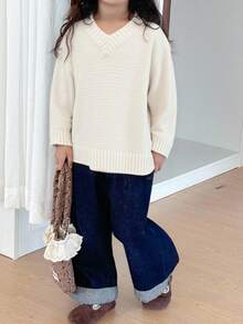 DAZY Girls V-Neck Loose Casual Sweater, Young Girl Fall Clothes - Beige - View 2