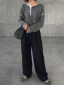 FRIFUL قميص كاجوال للنساء بأكمام طويلة وياقة مستديرة، مخطط، خريفي - رمادي - مشاهدة 2