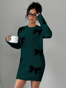 Elenzga Casual Bowknot Short Sweater Dress, Basic Autumn/Winter - Dark Green - View 4