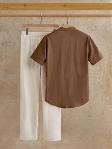 HIMLAND 男士休闲梭织染色提花波浪图案V领亚麻短袖衬衫套装（2件/套）