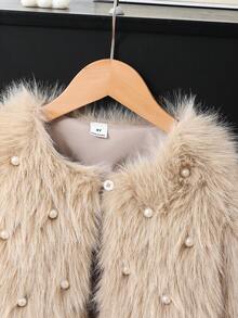 Elladie kids Young Girls Fluffy Cardigan Jacket With Pearl Decor, Suitable For Casual, Fashionable And Elegant Daily Wear - Khaki - View 4