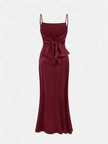 Pitira 少女派对礼服，侧边褶裥缎面吊带伴娘礼服，优雅正式晚宴舞会婚礼宾客礼服，毕业典礼、晚宴派对礼服 - 酒紅色 - 查看 5