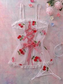 2件套女士樱桃刺绣网纱蕾丝吊带性感睡裙 - 白色 - 查看 1