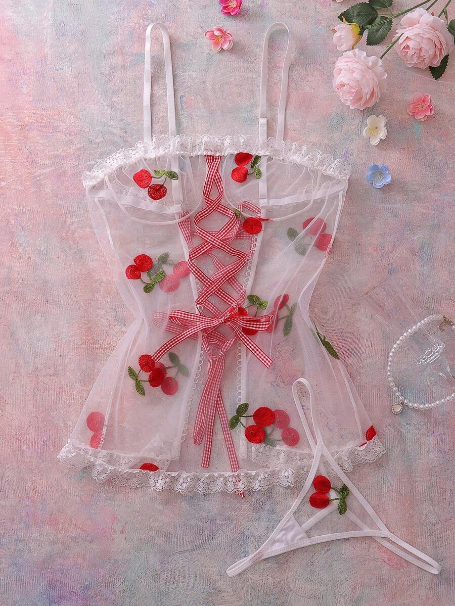 2件套女士樱桃刺绣网纱蕾丝吊带性感睡裙 - 白色 - 查看 1